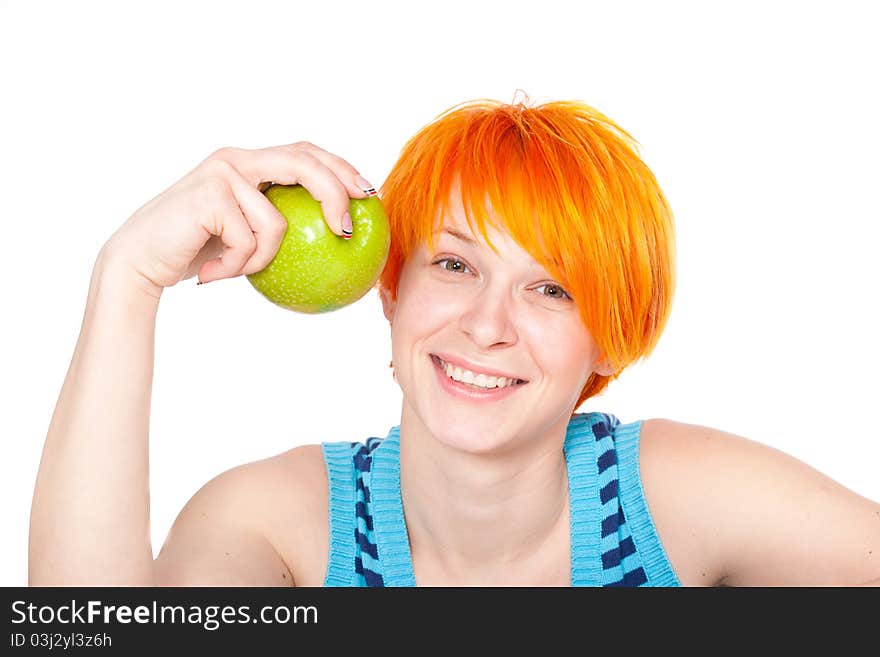 Smiling red hair woman with apple looking at camera