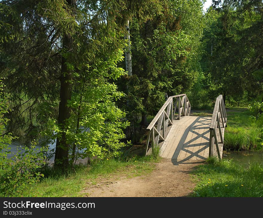 Wooden bridge in the park on summer day