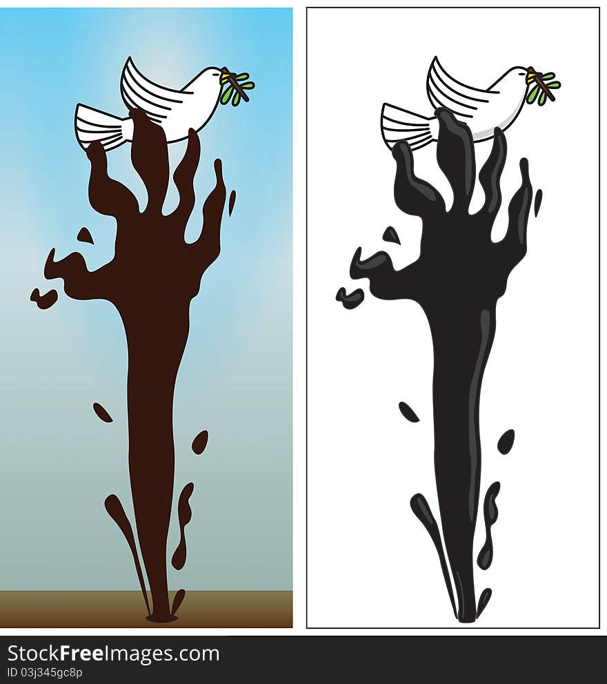 An illustration of raw oil sprayed coming from earth, forming a hand trying to grab a dove. This illustrating a world peace ruined by oil interest among countries. An illustration of raw oil sprayed coming from earth, forming a hand trying to grab a dove. This illustrating a world peace ruined by oil interest among countries