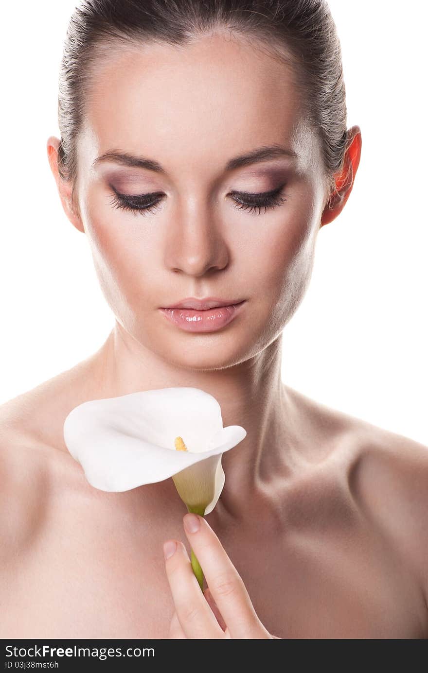 Portrait of young beautiful woman on white background with flower. Portrait of young beautiful woman on white background with flower