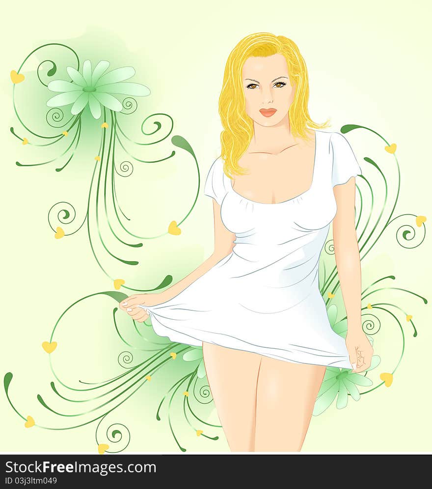 Young beautiful girl in a white dress.Behind her, the green background of floral patterns.Illustration done on separate layers. Young beautiful girl in a white dress.Behind her, the green background of floral patterns.Illustration done on separate layers.