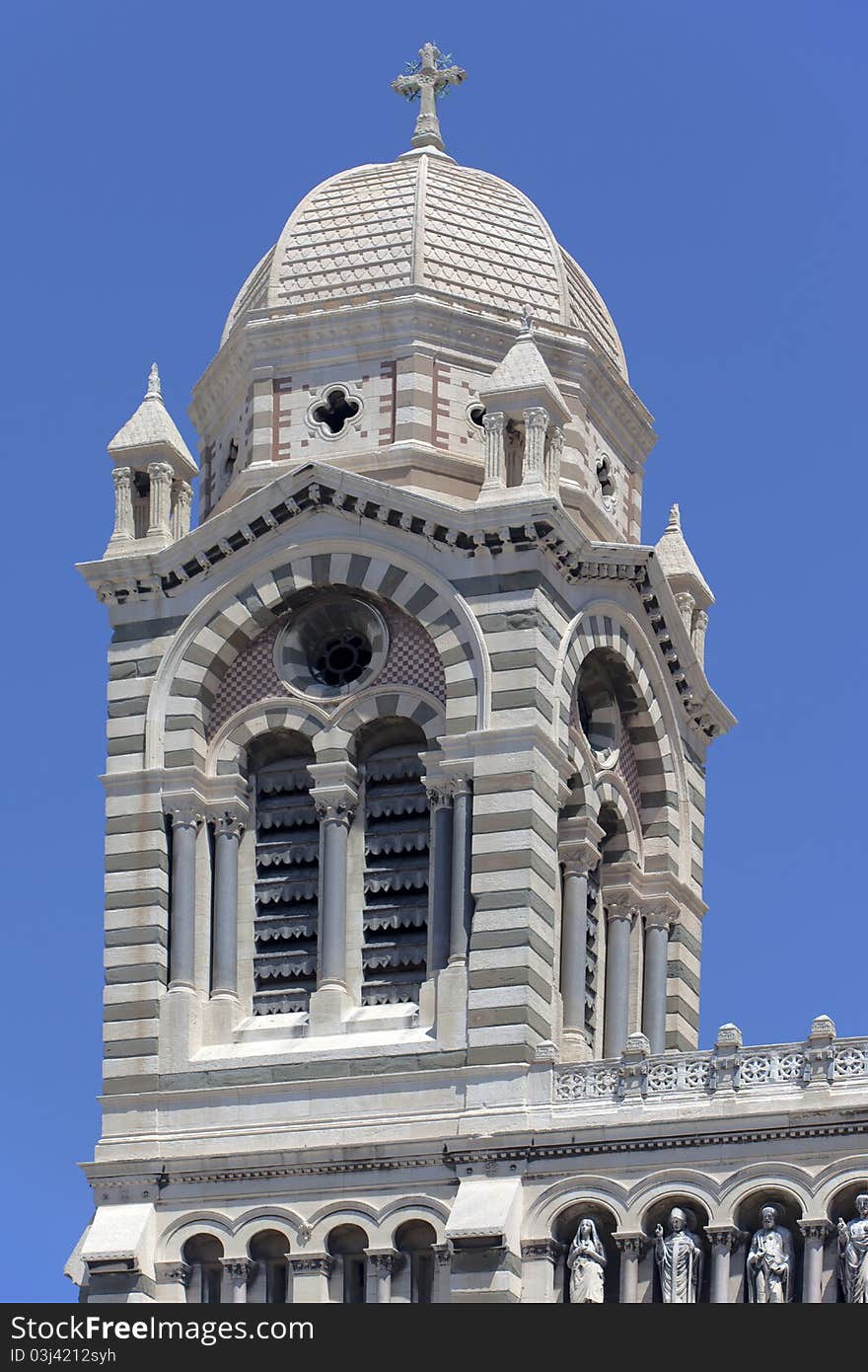 Detail of a tower of La Major Cathedral in Marseille (France) over blue sky. Detail of a tower of La Major Cathedral in Marseille (France) over blue sky