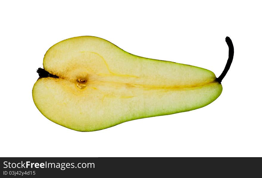 Half of a pear against a white background