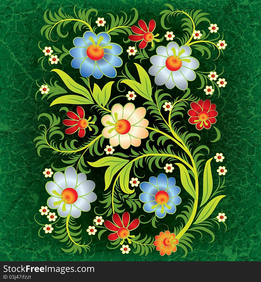 Abstract grunge floral ornament with flowers