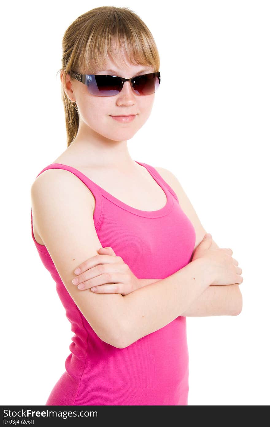 Teen in sunglasses on white background.