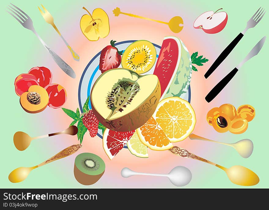 Illustration with fruit pieces on table. Illustration with fruit pieces on table