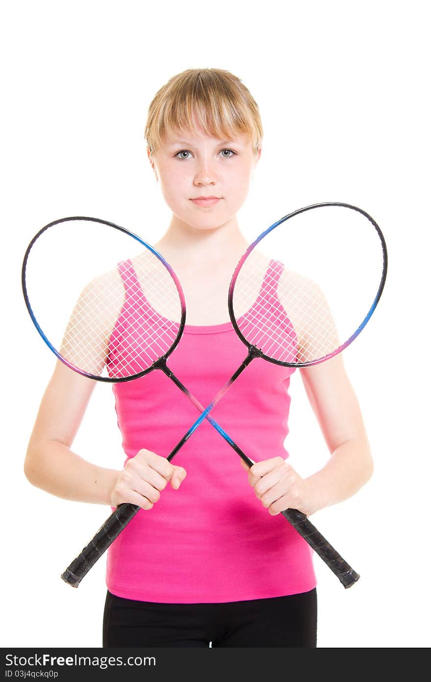 Girl with a racket on a white background.