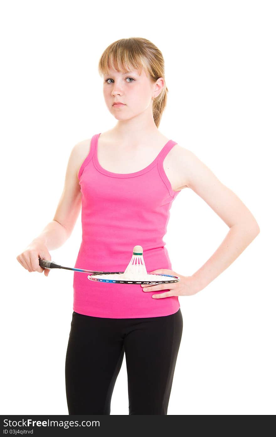 Girl with a racket on a white background.