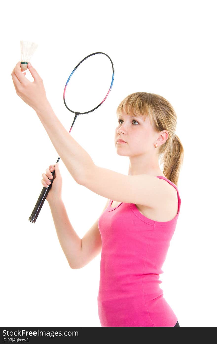 Girl with a racket on a white background.