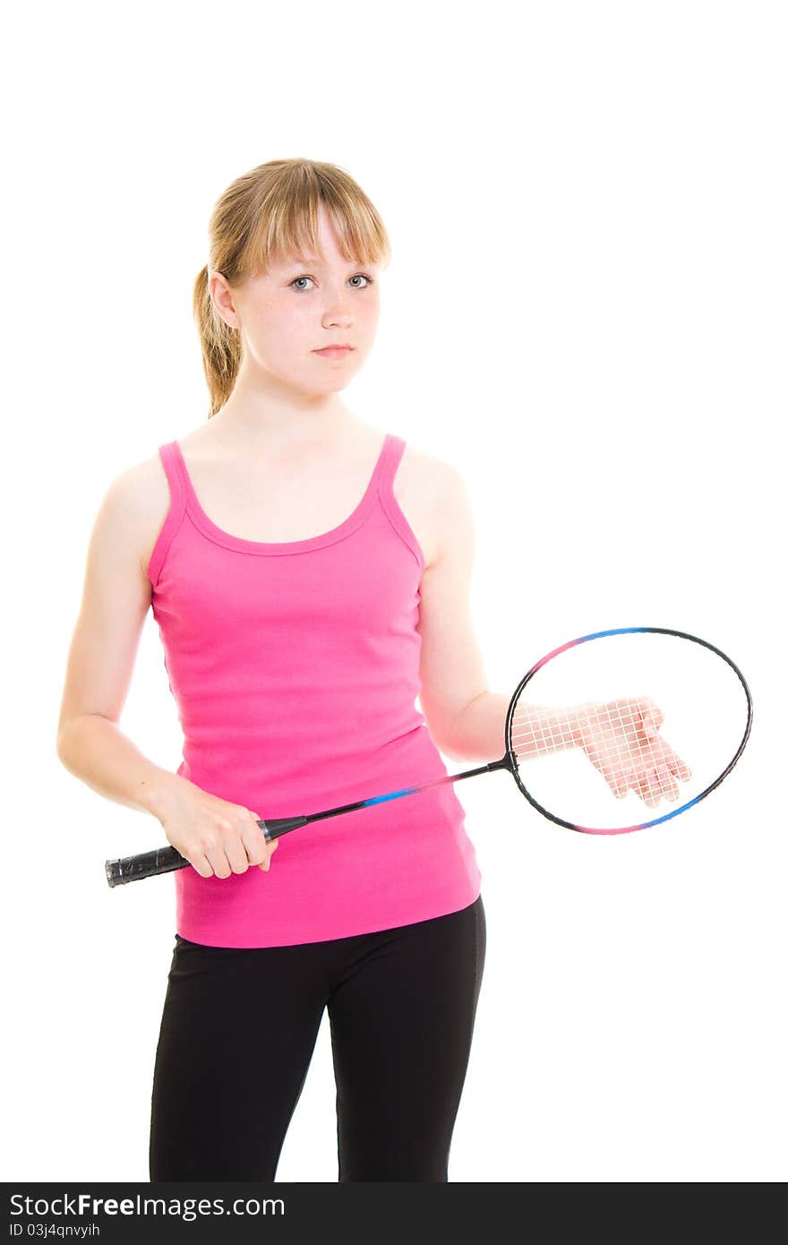 Girl with a racket on a white background.