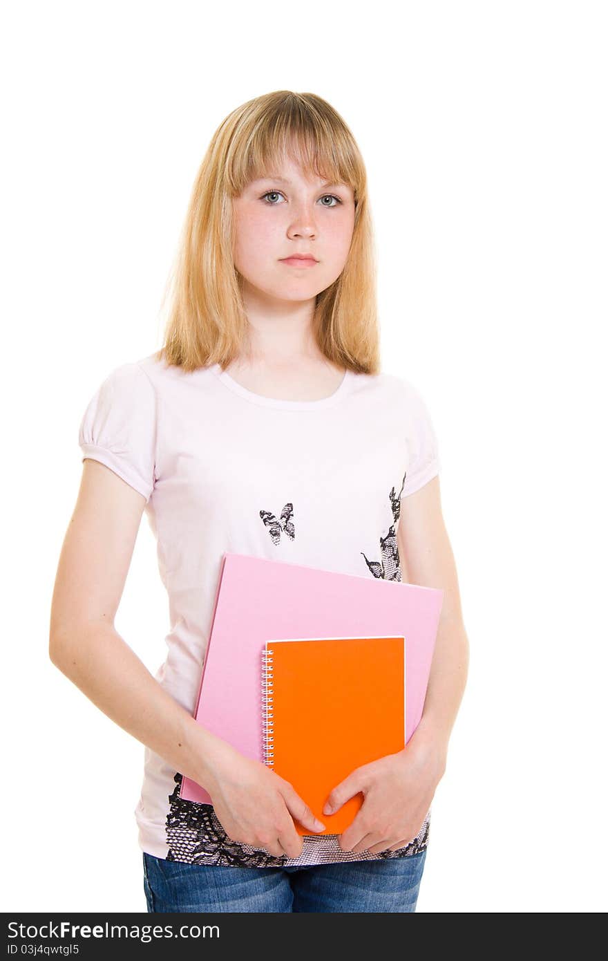 Teenager with books on white background.