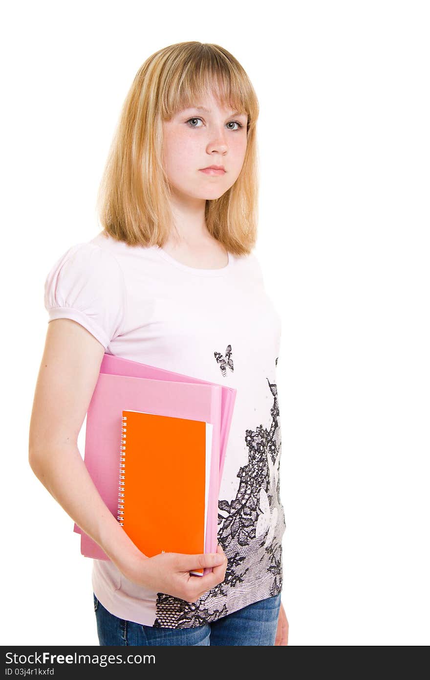 Teenager with books on white background.