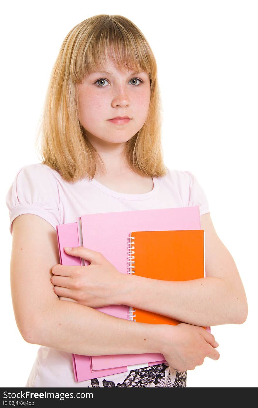 Teenager with books on white background.