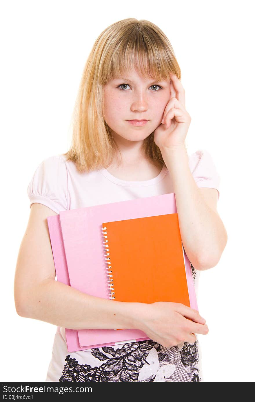 Teenager with books on white background.