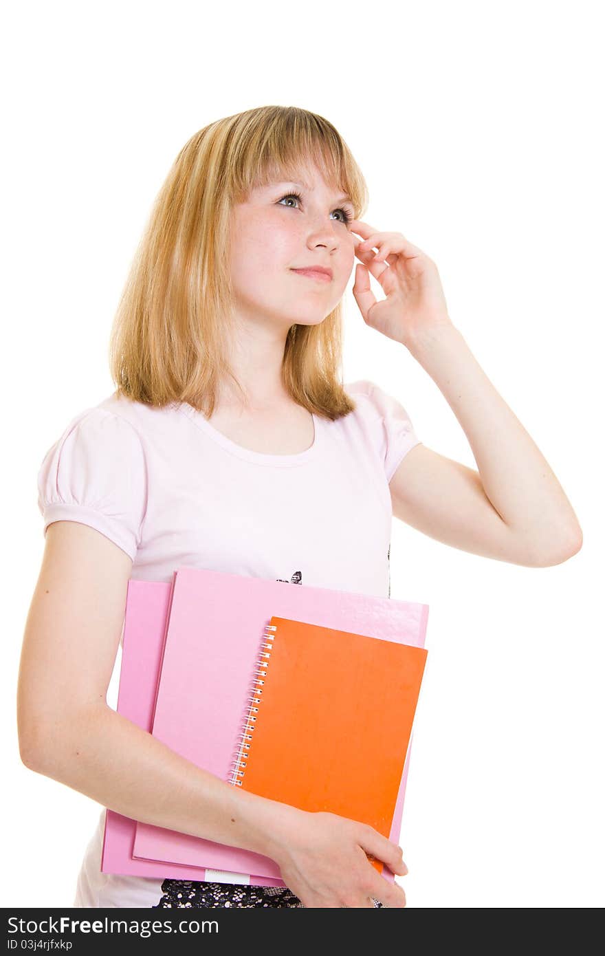 Teenager with books on white background.