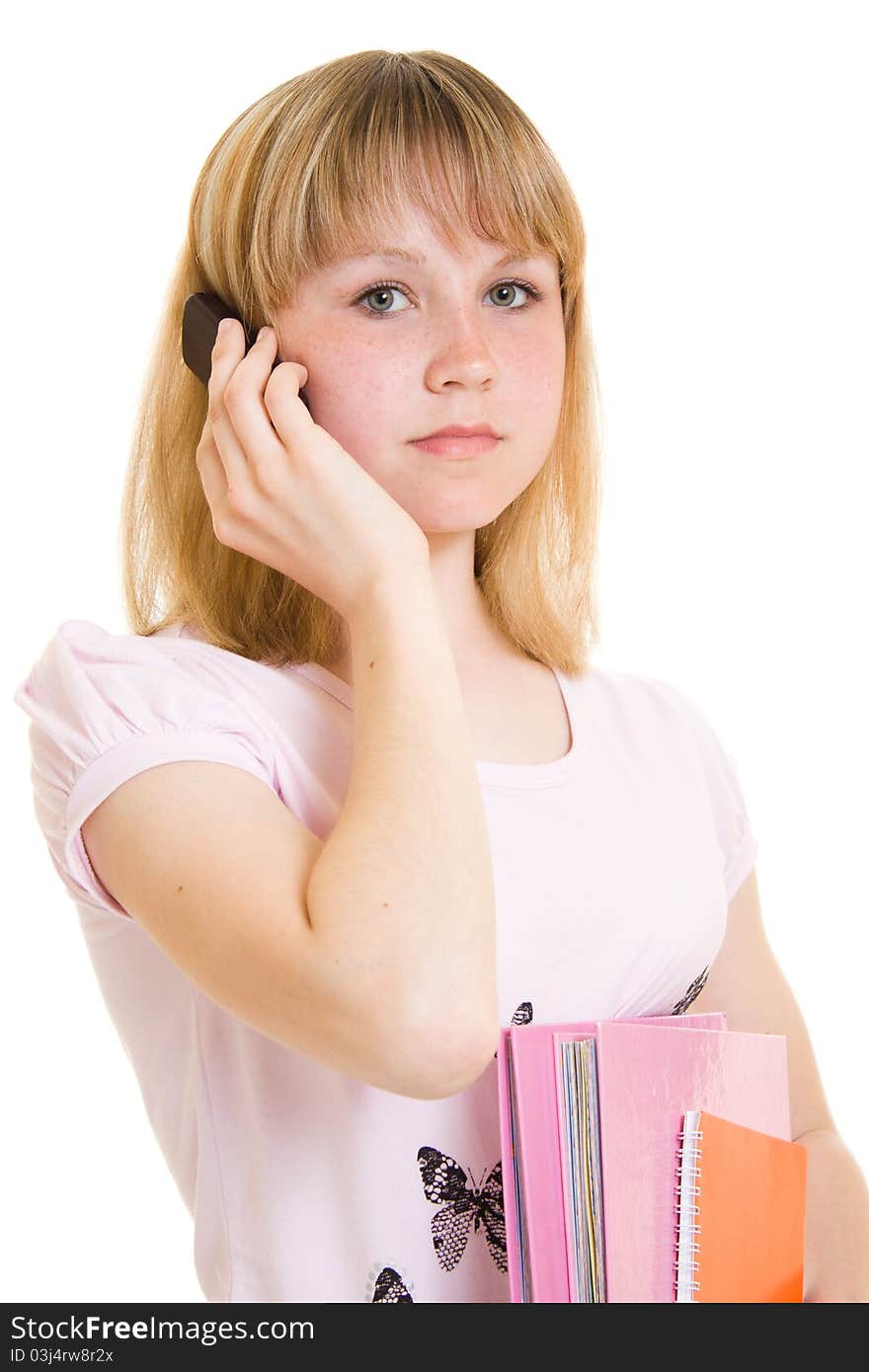 Teenager with books on white background.