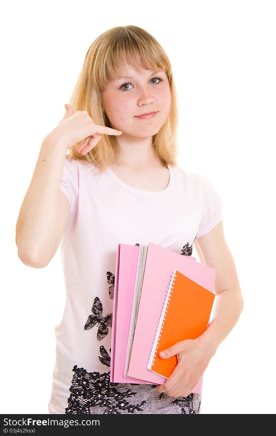 Teenager with books on white background.