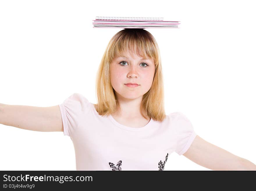 Girl with books on white background.