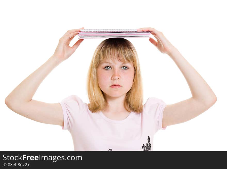 Girl with books on white background.