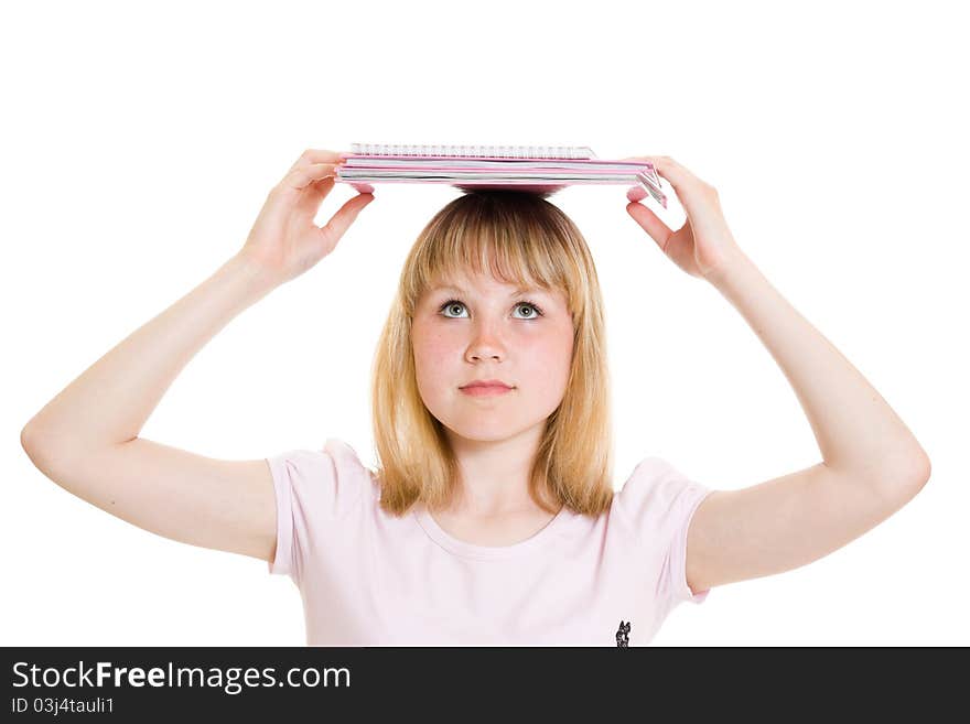 Girl with books on white background.