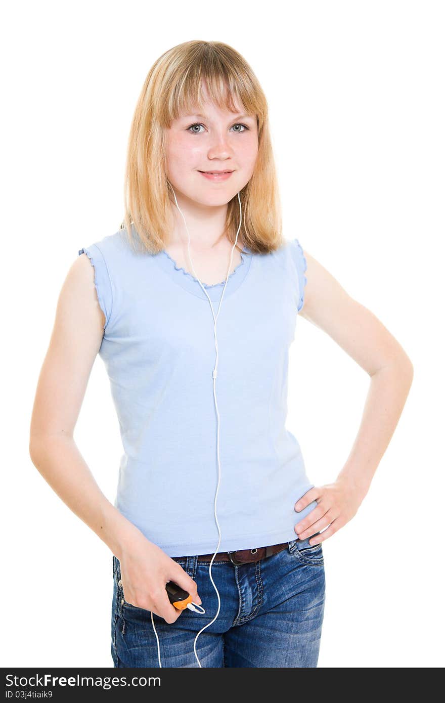 Teen with a music player on a white background.