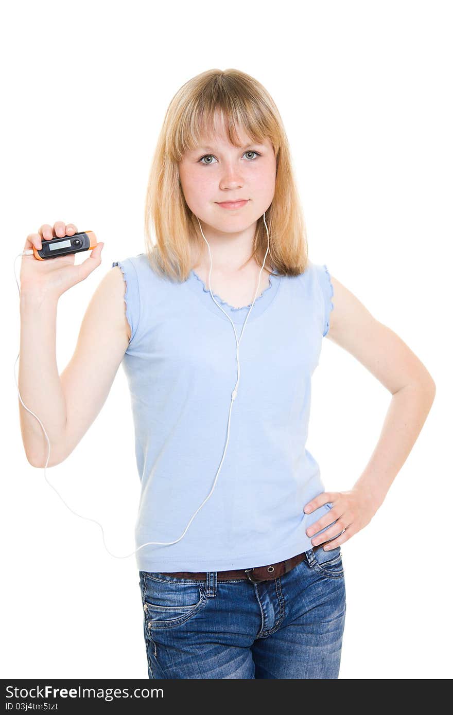 Teen with a music player on a white background.