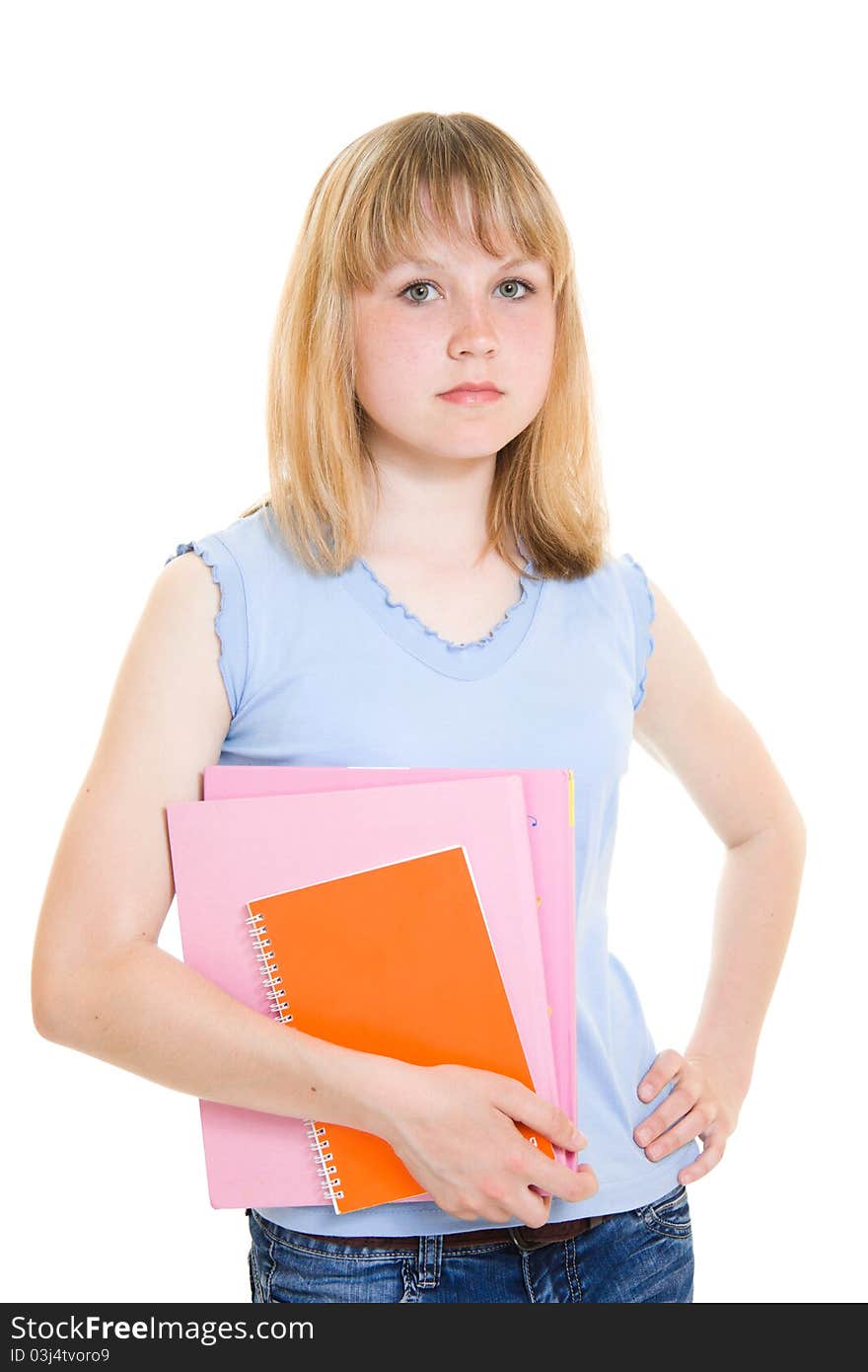 Teenager with books on white background. Teenager with books on white background.