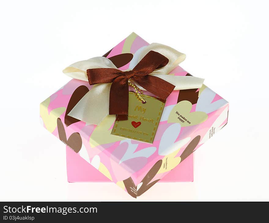 Gift pink box opens the lid , on white background