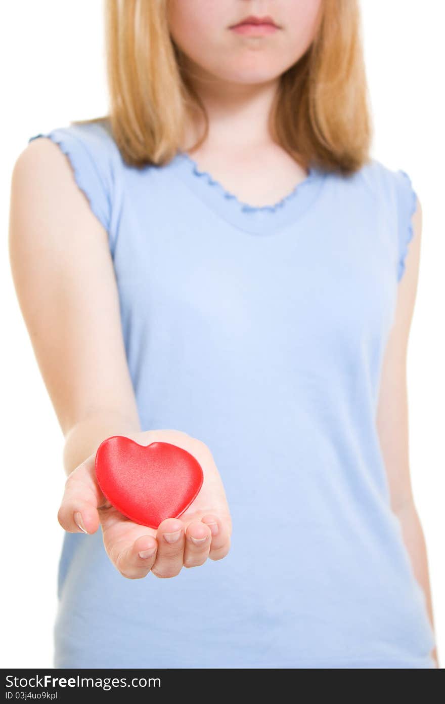 A girl with a heart on a white background.