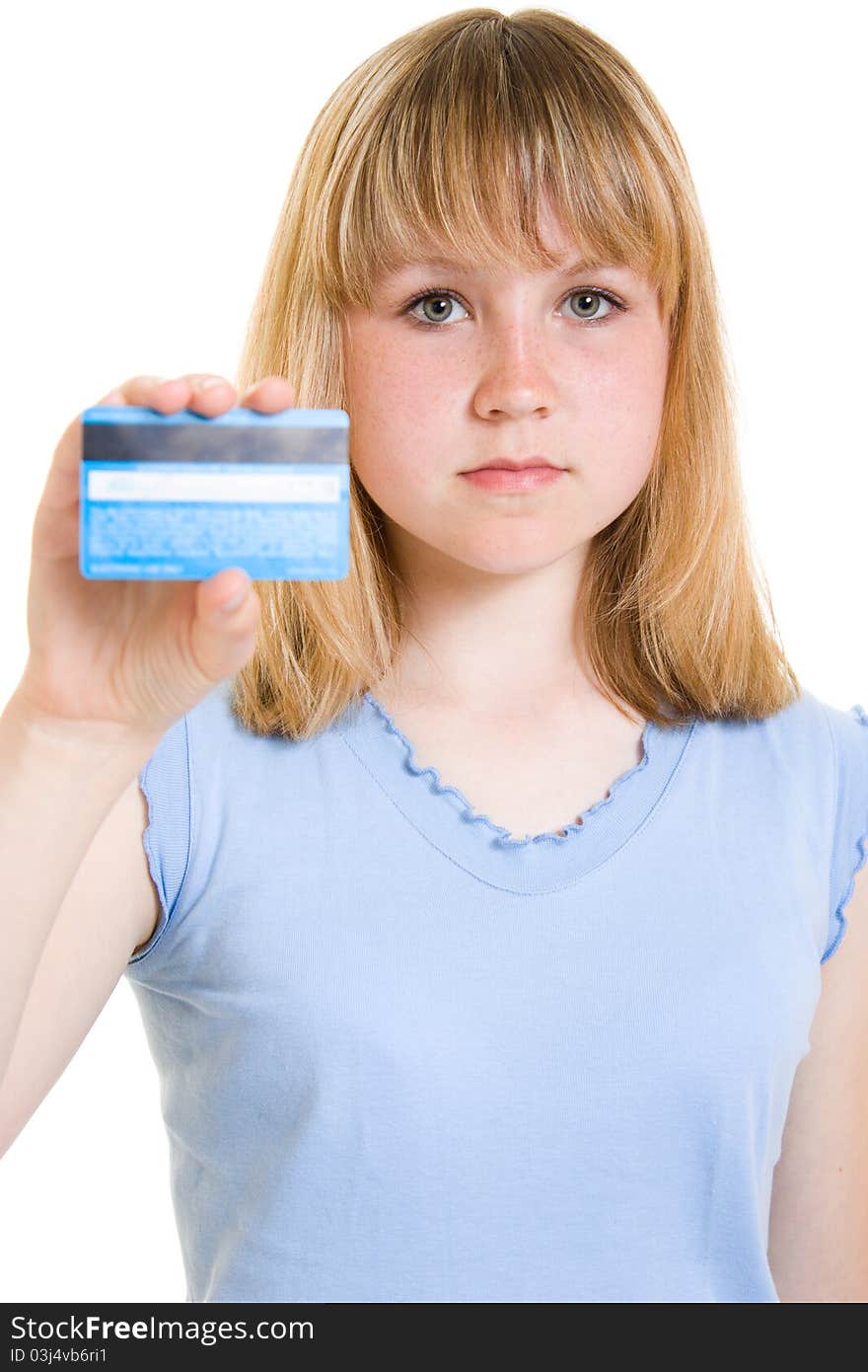 Girl with a debit card in hand. Girl with a debit card in hand