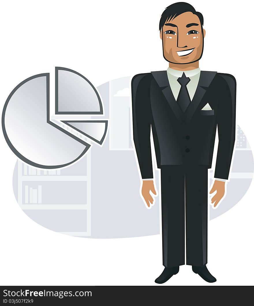 Happy businessman next to pie chart in vector. Happy businessman next to pie chart in vector