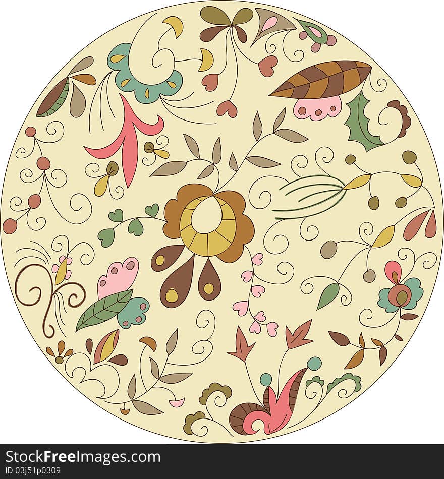 Ornamental circle with floral elements. Hand drawn illustration