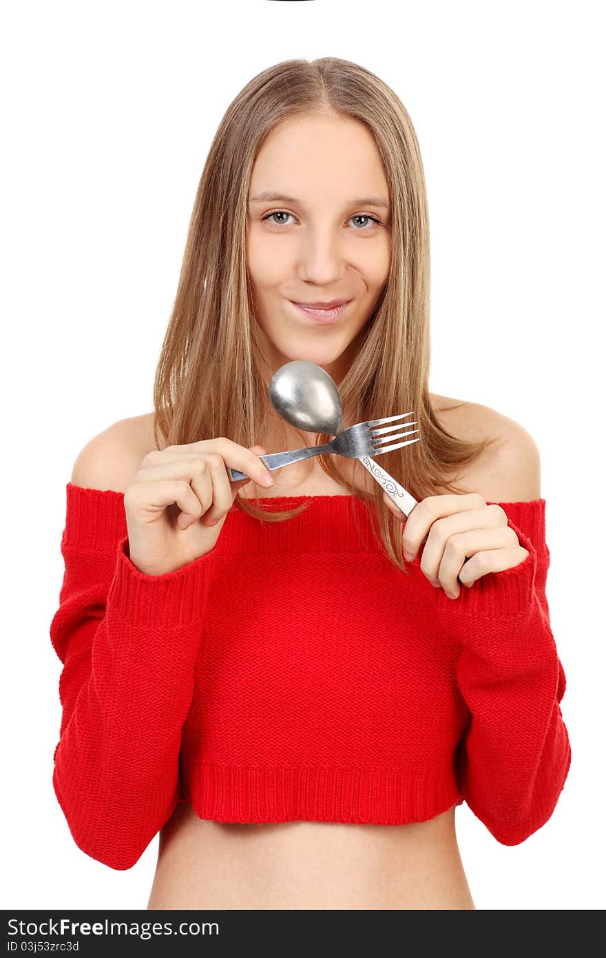 Blonde with a fork and spoon