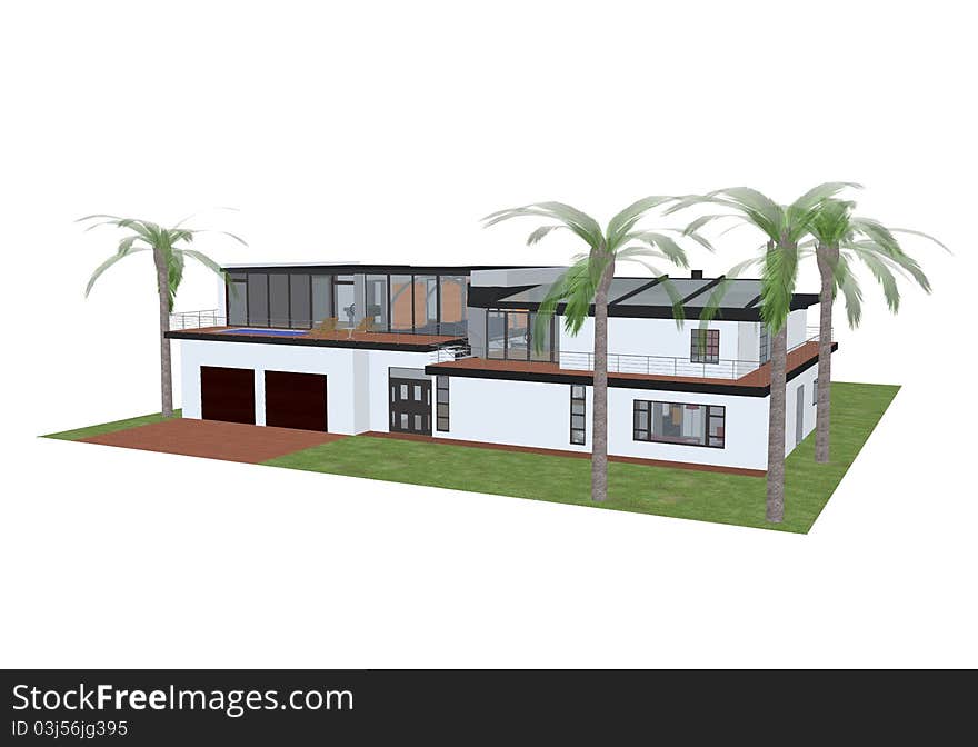 3d render of a house with palms. 3d render of a house with palms