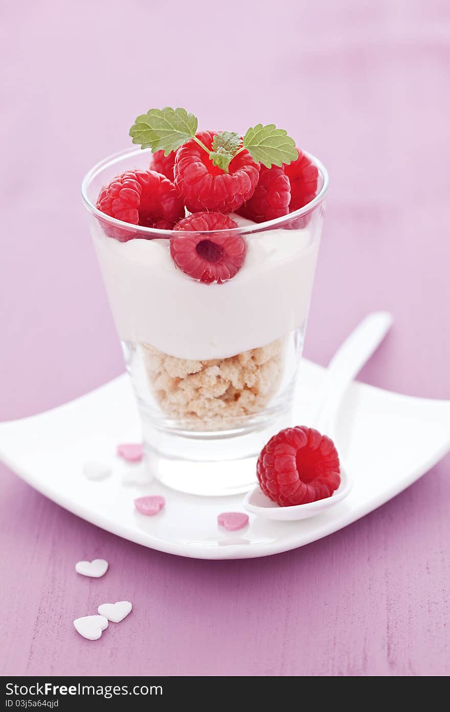 Dessert with raspberries and mint