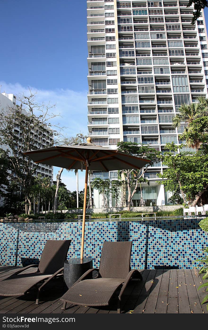 Pool in front of a building