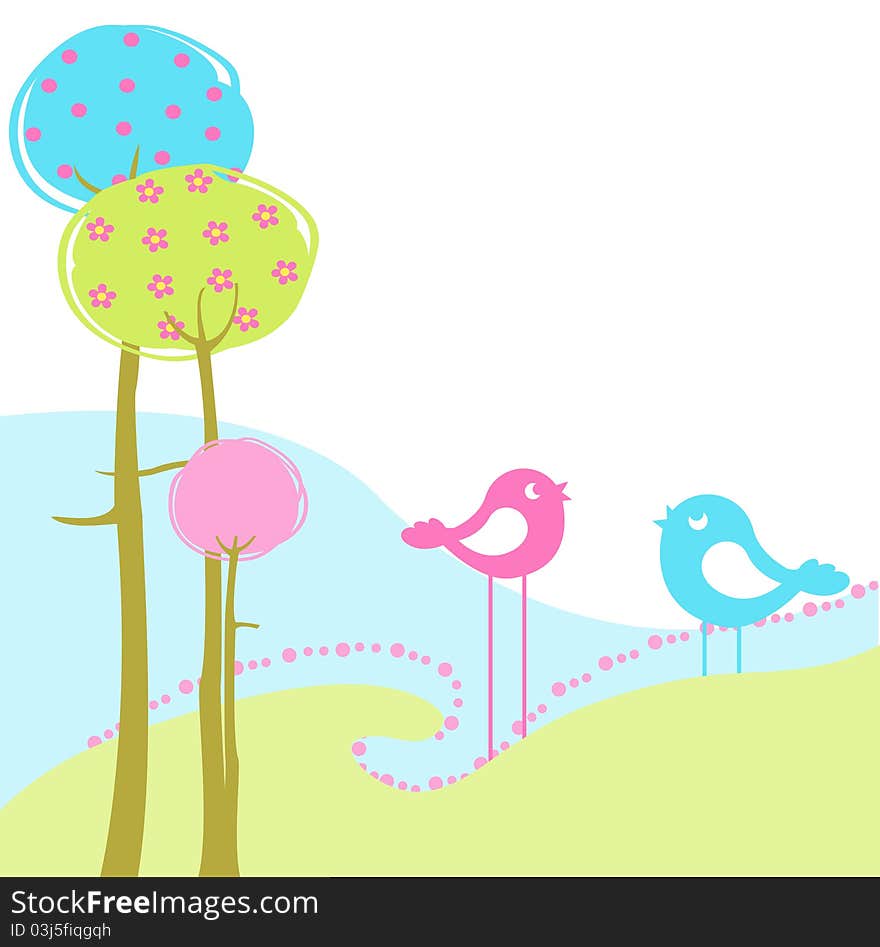 Vector Illustration of retro Flowery design greeting card with two of retro-style birds. Vector Illustration of retro Flowery design greeting card with two of retro-style birds