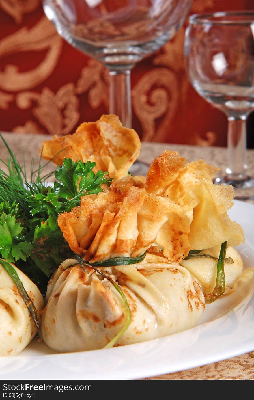 Stuffed pincakes. Close-up. Restaurant. Stuffed pincakes. Close-up. Restaurant