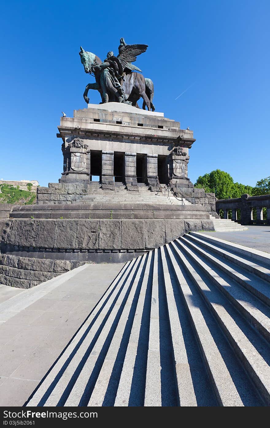 The Deutsches Eck (German Corner) with the statue of German Unity and William the Great in Koblenz. Located at the confluence of the rivers Rhine and Mosel, it is one of the most popular tourist sites in the country.