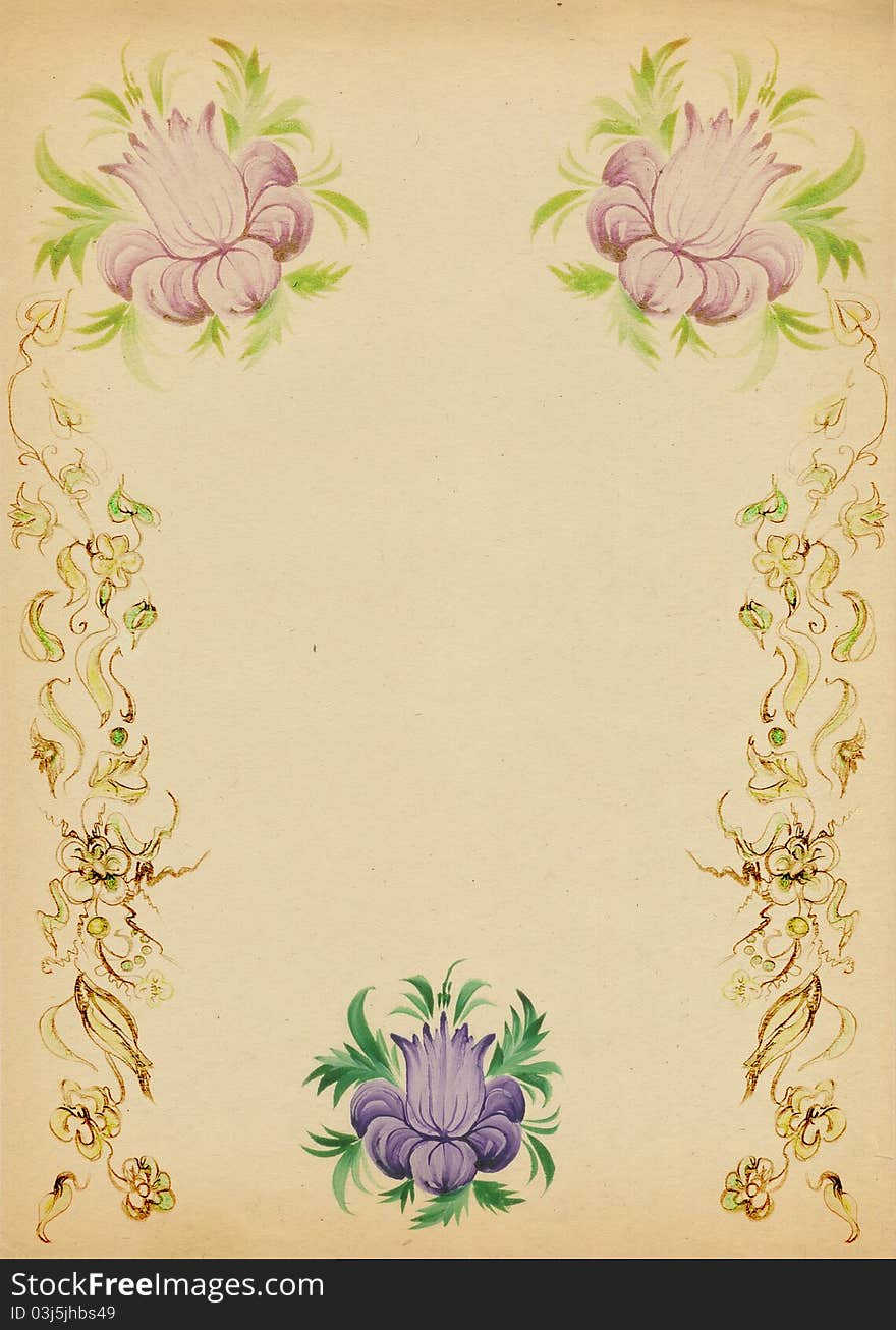 Background with a Flower in folk style, drawn on an old paper bu watercolor