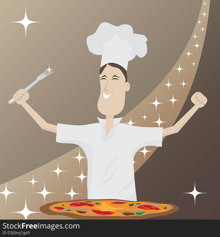 Happy cook and a large pizza. Happy cook and a large pizza