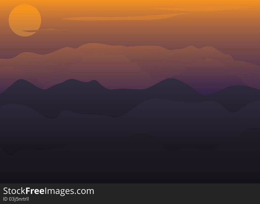 Gloomy landscape with mountains and sun. Gloomy landscape with mountains and sun