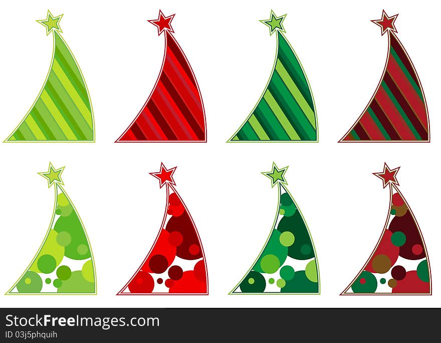 Contemporary Christmas tree collection featuring slanted abstract trees decorated with stripes or dots