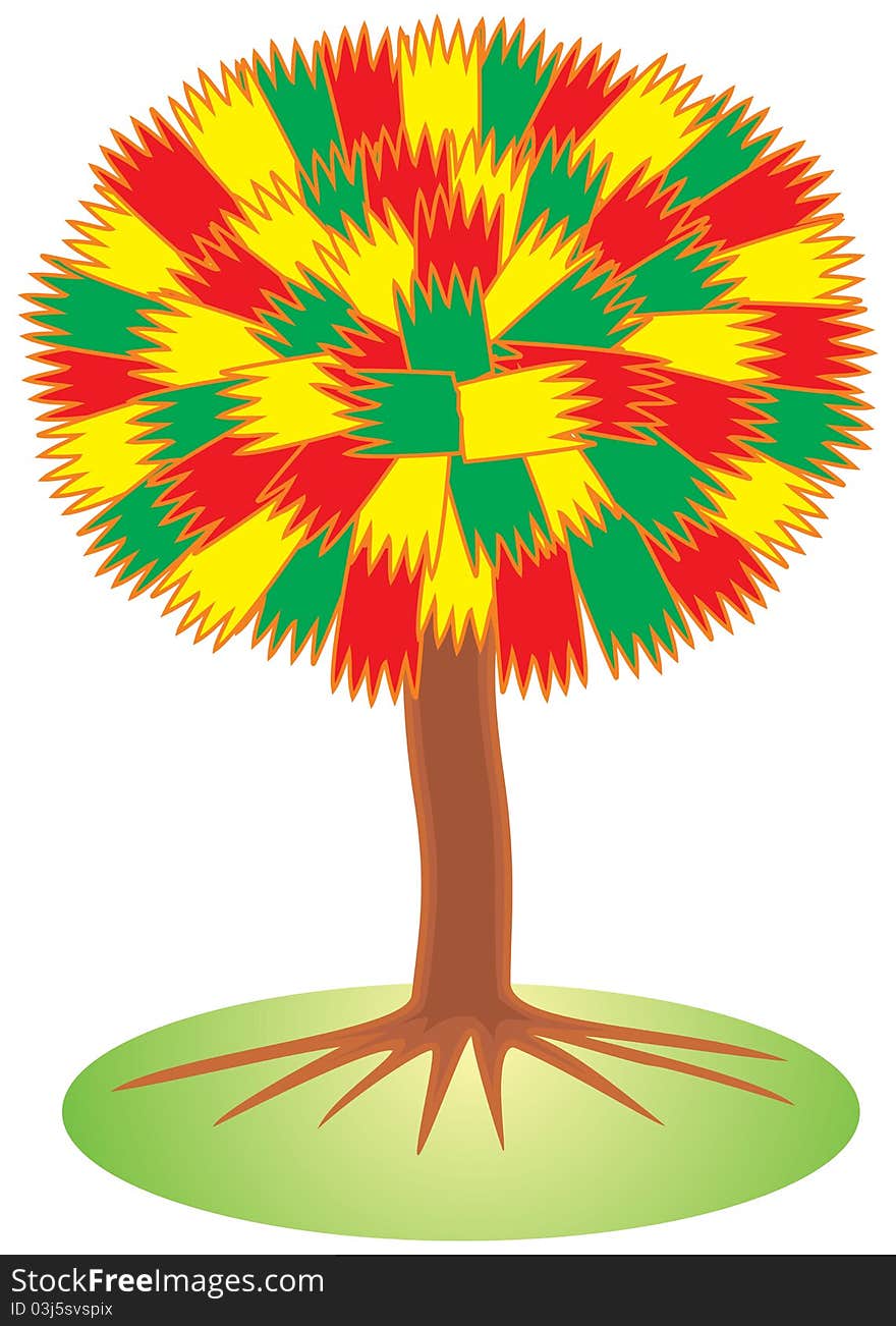 Tree with leaves of three colours - red, yellow, green. Vector drawing. Tree with leaves of three colours - red, yellow, green. Vector drawing.