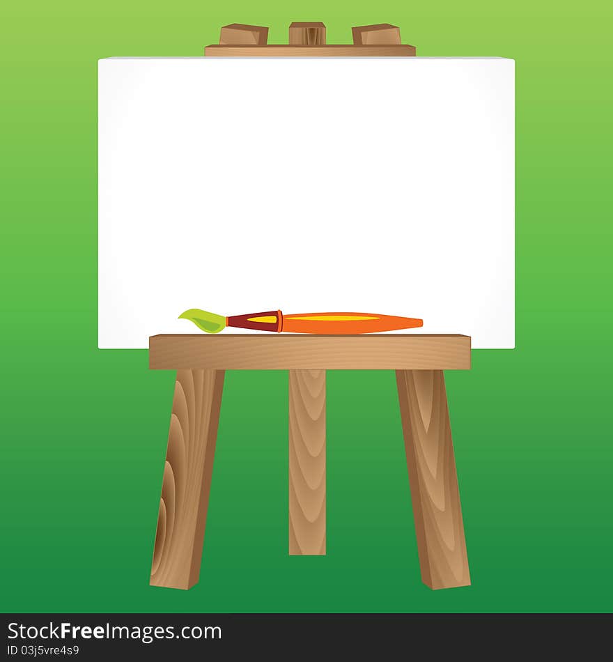 Wooden Painting tripod with blank white canvas and paintbrush. Wooden Painting tripod with blank white canvas and paintbrush