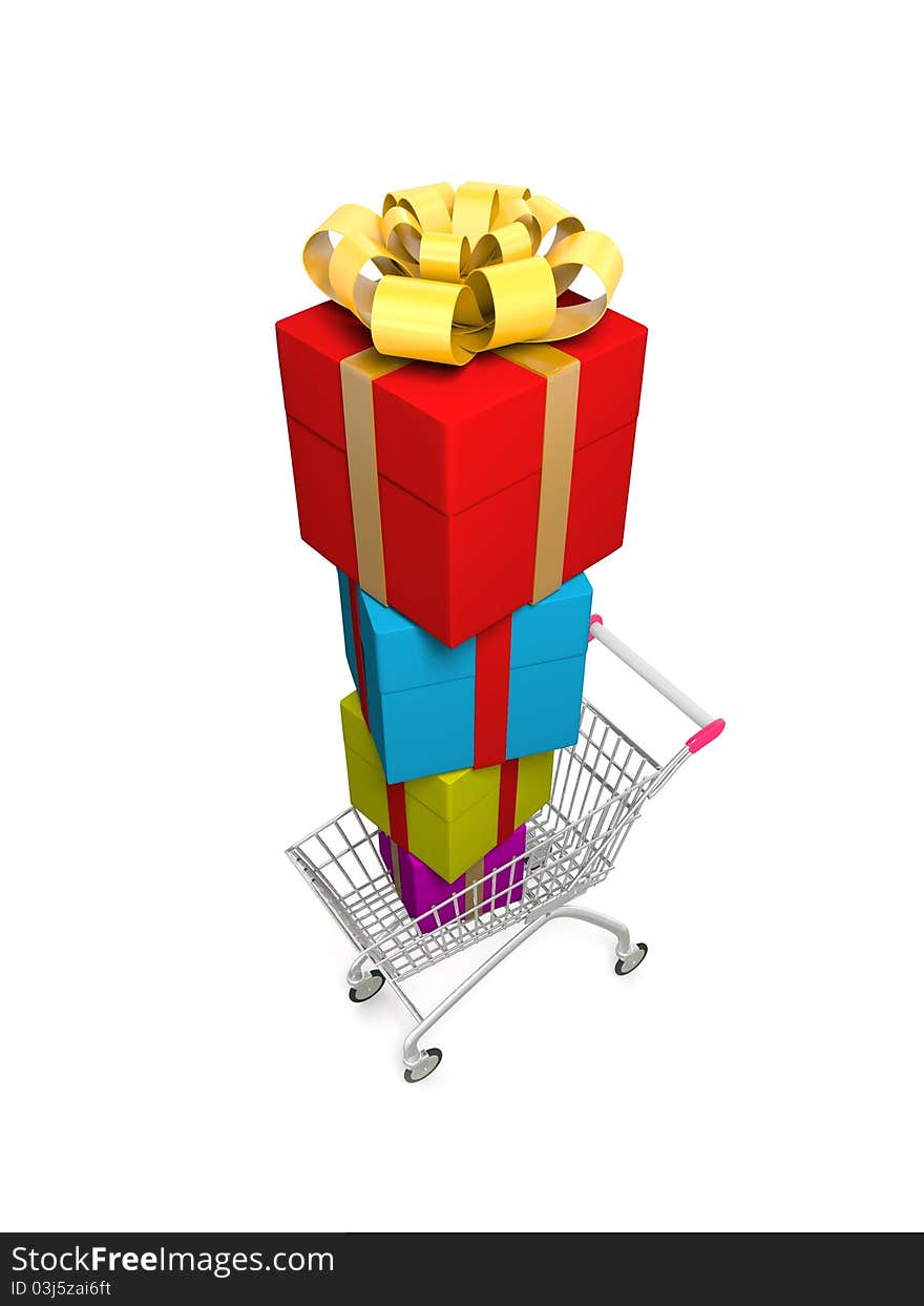 Shopping cart with pile of gifts.