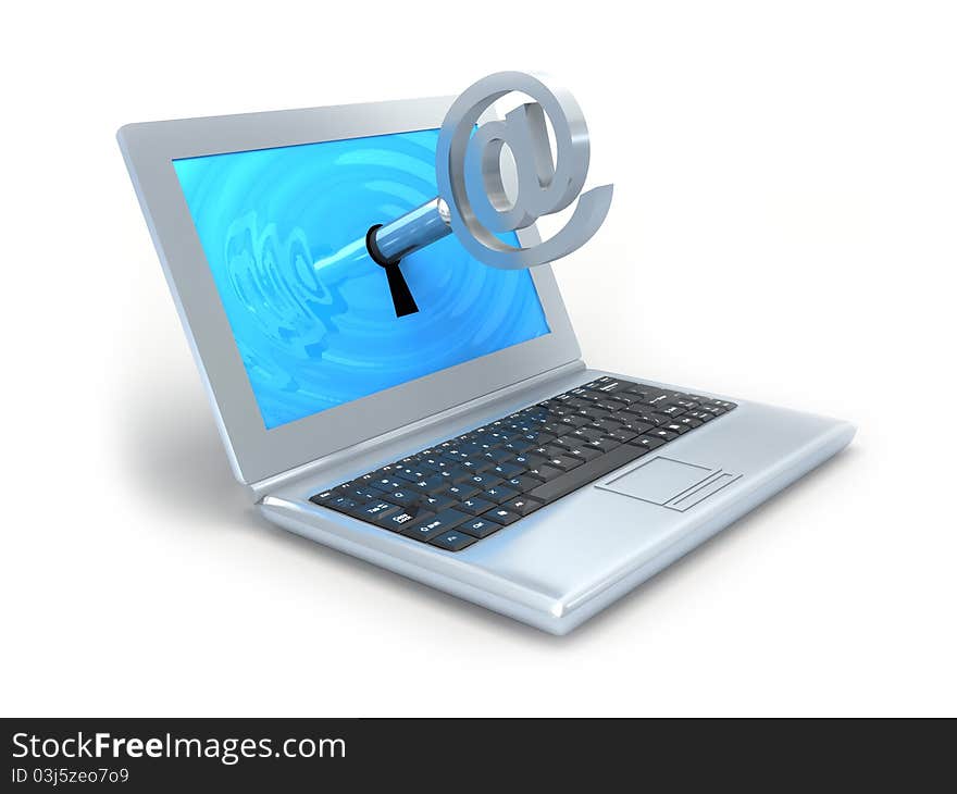 Laptop and e-mail key in screen. Laptop and e-mail key in screen.