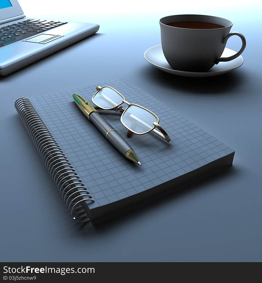 Coffee, laptop, glasses and the pen. Coffee, laptop, glasses and the pen