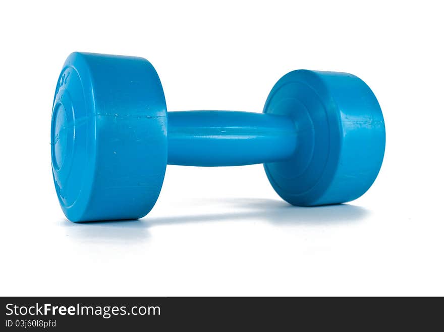 Close up blue dumbbell with white background