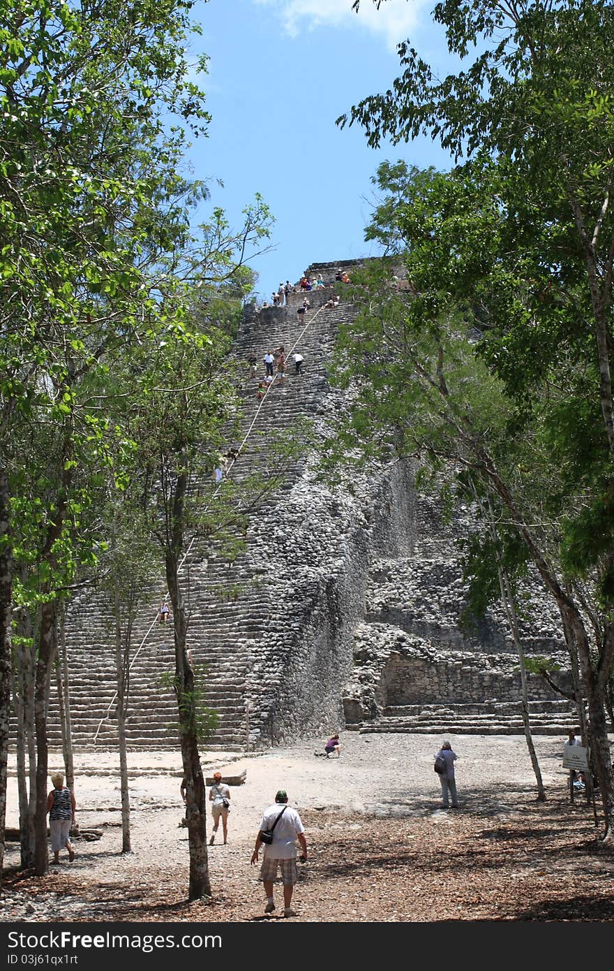 Tourists climb the top of the Coba Main pyramid, highest Maya structure standing 40 Meters above the Yucatan jungles. Tourists climb the top of the Coba Main pyramid, highest Maya structure standing 40 Meters above the Yucatan jungles.